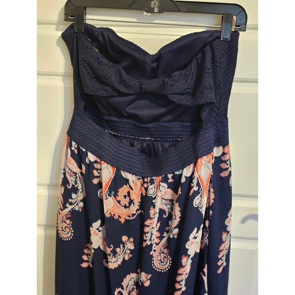 Trixxi Navy Blue Lace Strapless Maxi Dress Paisley Print Cutout Back XL - Picture 3 of 5